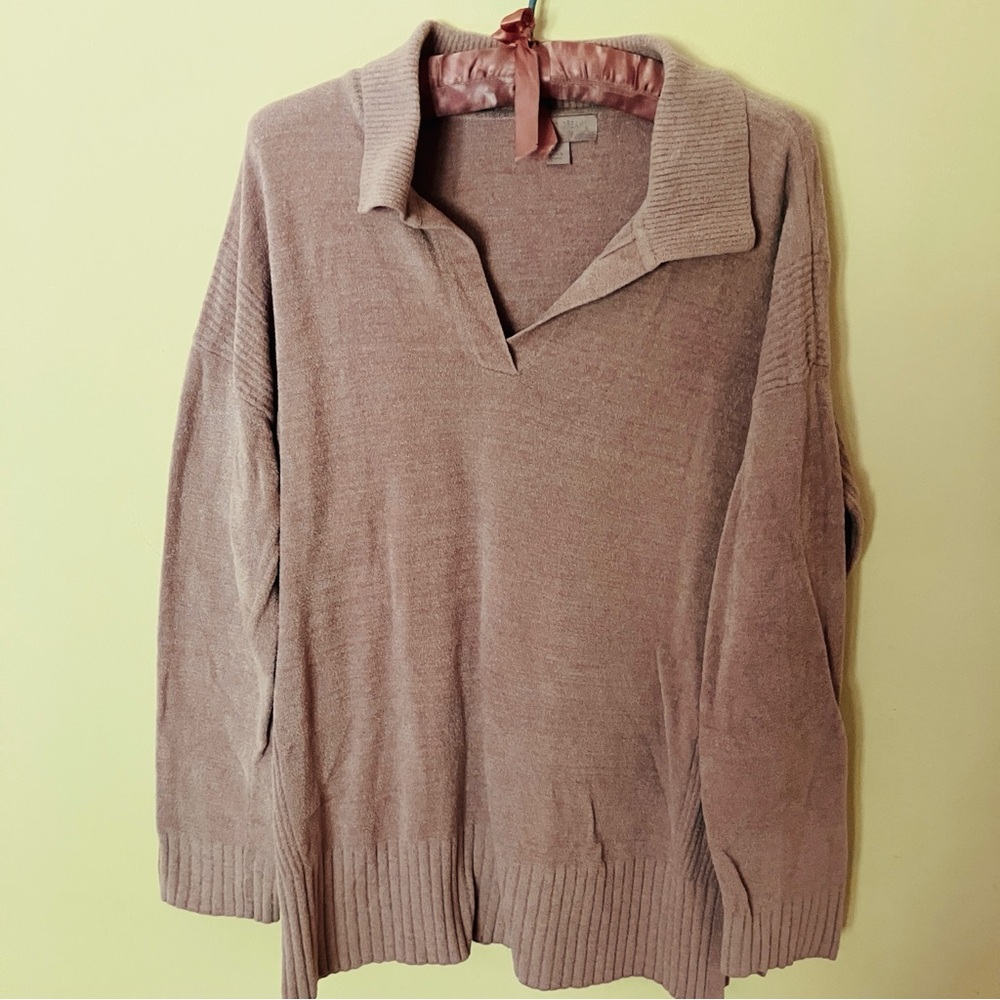 Barefoot Dreams Cozychic Lite Pullover with ribbed collar - Large, Dusty Plum